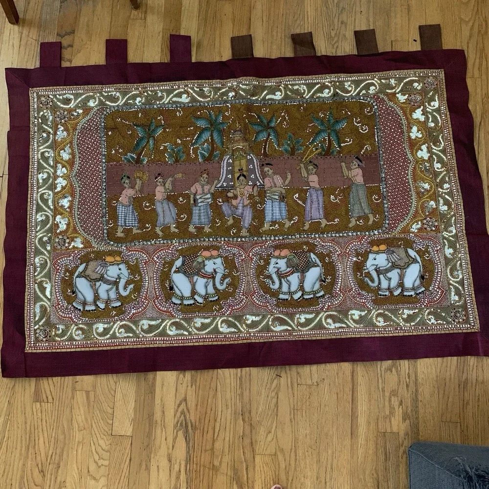 Vtg‎ Thai Burmese Kalaga Elephant Tapestry Embroidered Hand Made Beads Large